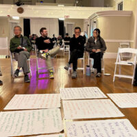 People in chairs and brainstorming suggestions written on large sheets of paper