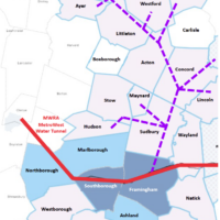 Map shows existing water pipe trending east-west across the southern edge of the map, and a network of proposed water pipes crossing Concord, Acton and other towns.