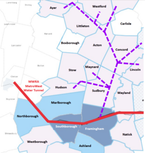 Map shows existing water pipe trending east-west across the southern edge of the map, and a network of proposed water pipes crossing Concord, Acton and other towns.