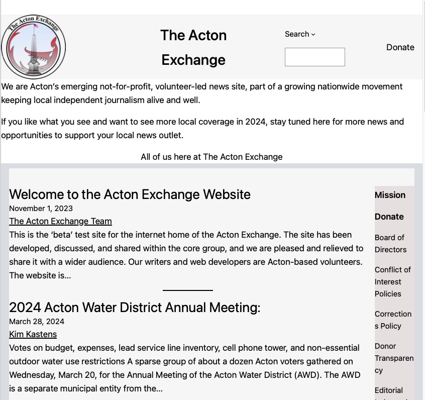 Screenshot of website, with The Acton Exchange title and logo and "Welcome to Acton Exchange Website" as the first post.