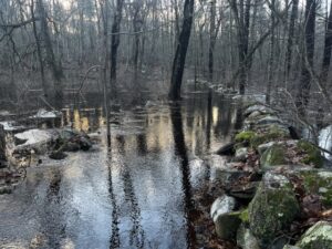 Photograph a flooded trail. Stone wall marks the edge of the trail, but the walking path is completely underwater.