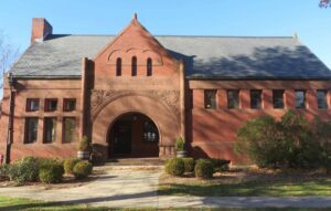 Original front entrance to the Acton Memorial Libray, the older brick building part.