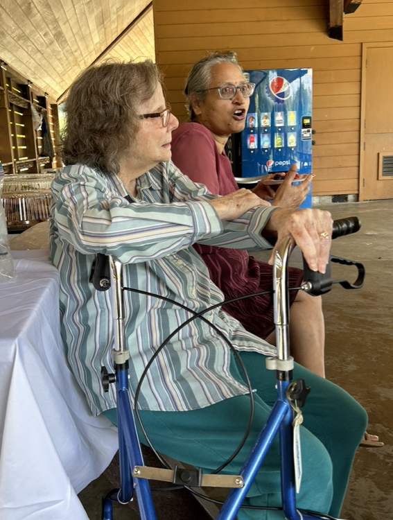 two people seated, facing away from a table