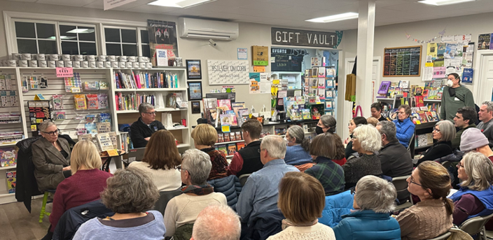 Audience at Silver Unicorn Bookstore discussion with authors Dan Kennedy and Ellen Klegg.