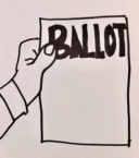 Drawing of a hand holding a ballot