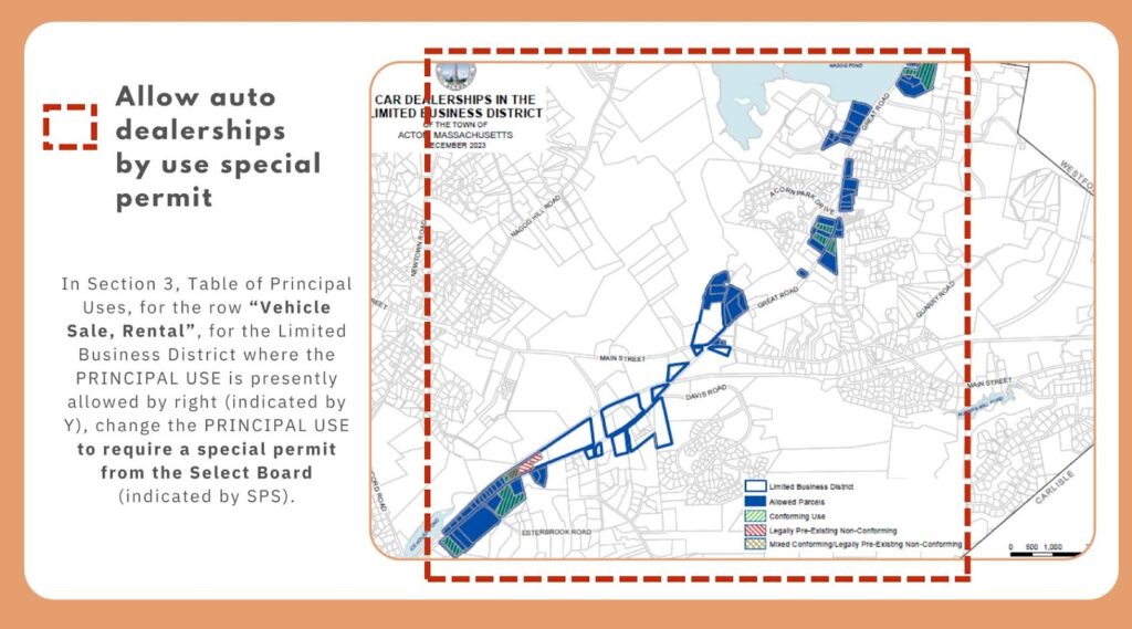 Map showing car dealerships in the Great Road Limited Business District.