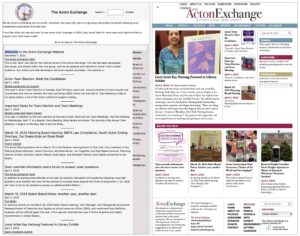 Side-by-side comparison of the first week of April content in the old blog-style website and the new newspaper-style website.