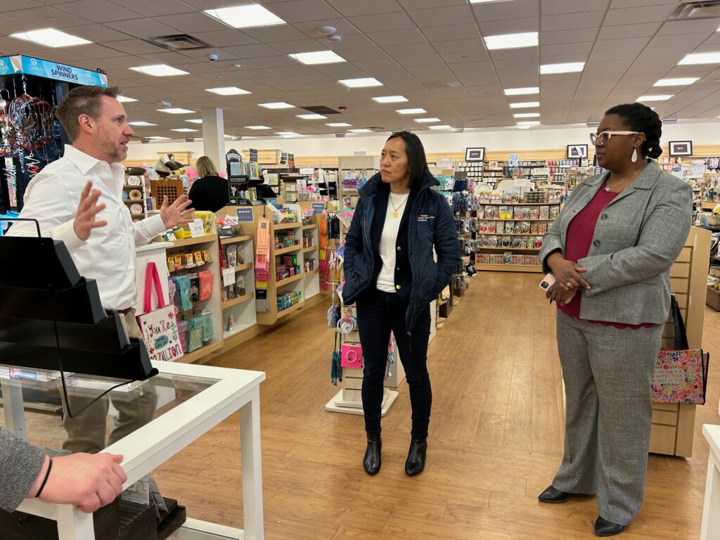 Paper Store CEO Tom Anderson meets with Massachusetts Economic Development Secretary Yvonne Hao and Acton Economic Development Director Julie Pierce